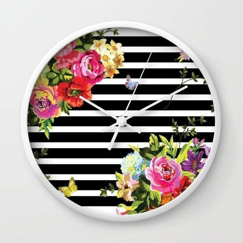 10 Inch Stripes Floral Wall Clock Decorative Home Decor