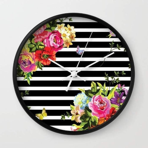 10 Inch Stripes Floral Wall Clock Decorative Home Decor